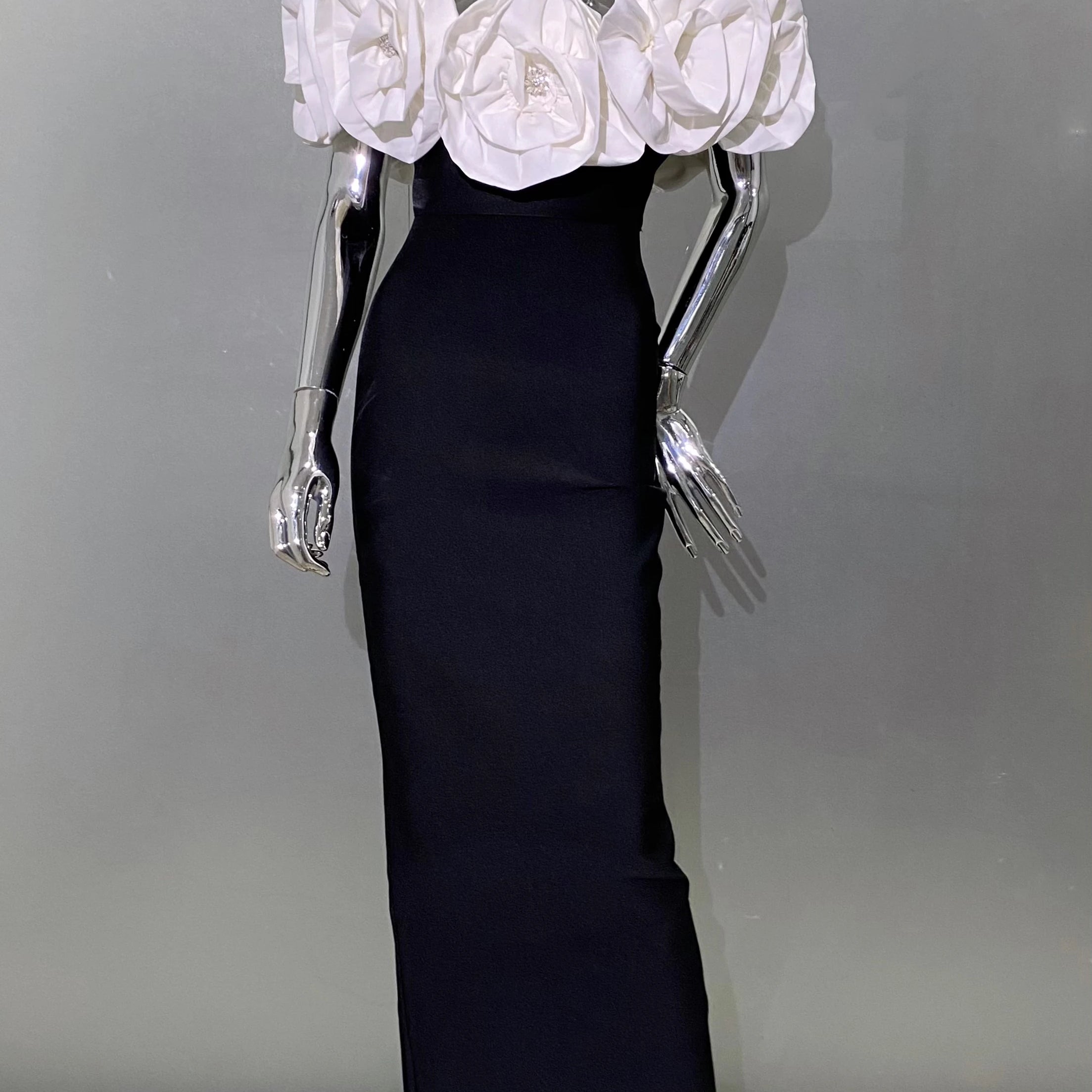 Fashion Big White Flowers Women Sexy Off the Shoulder Bodycon Long Bandage Dress Celebrate Evening Party Birthday Dress