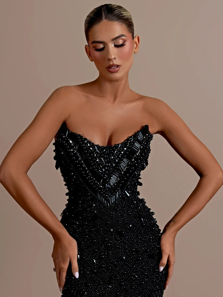 Stunning Strapless Sleeveless Black Crystal Sequin Dress Luxury Party Evening Gown