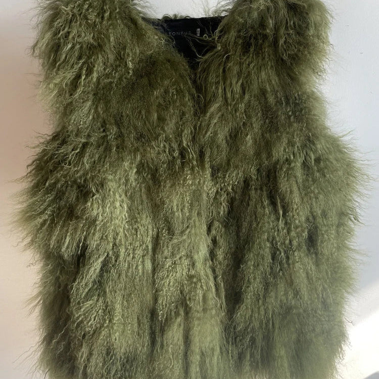 11 Colors Luxury Thick Warm Mongolia Sheep Fur Vest Women New Winter Hot V-neck Sexy Wool Fur Coat Army green