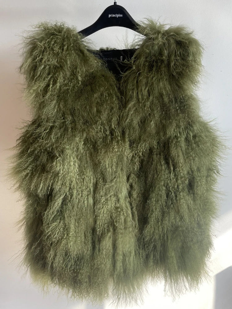 11 Colors Luxury Thick Warm Mongolia Sheep Fur Vest Women New Winter Hot V-neck Sexy Wool Fur Coat Army green