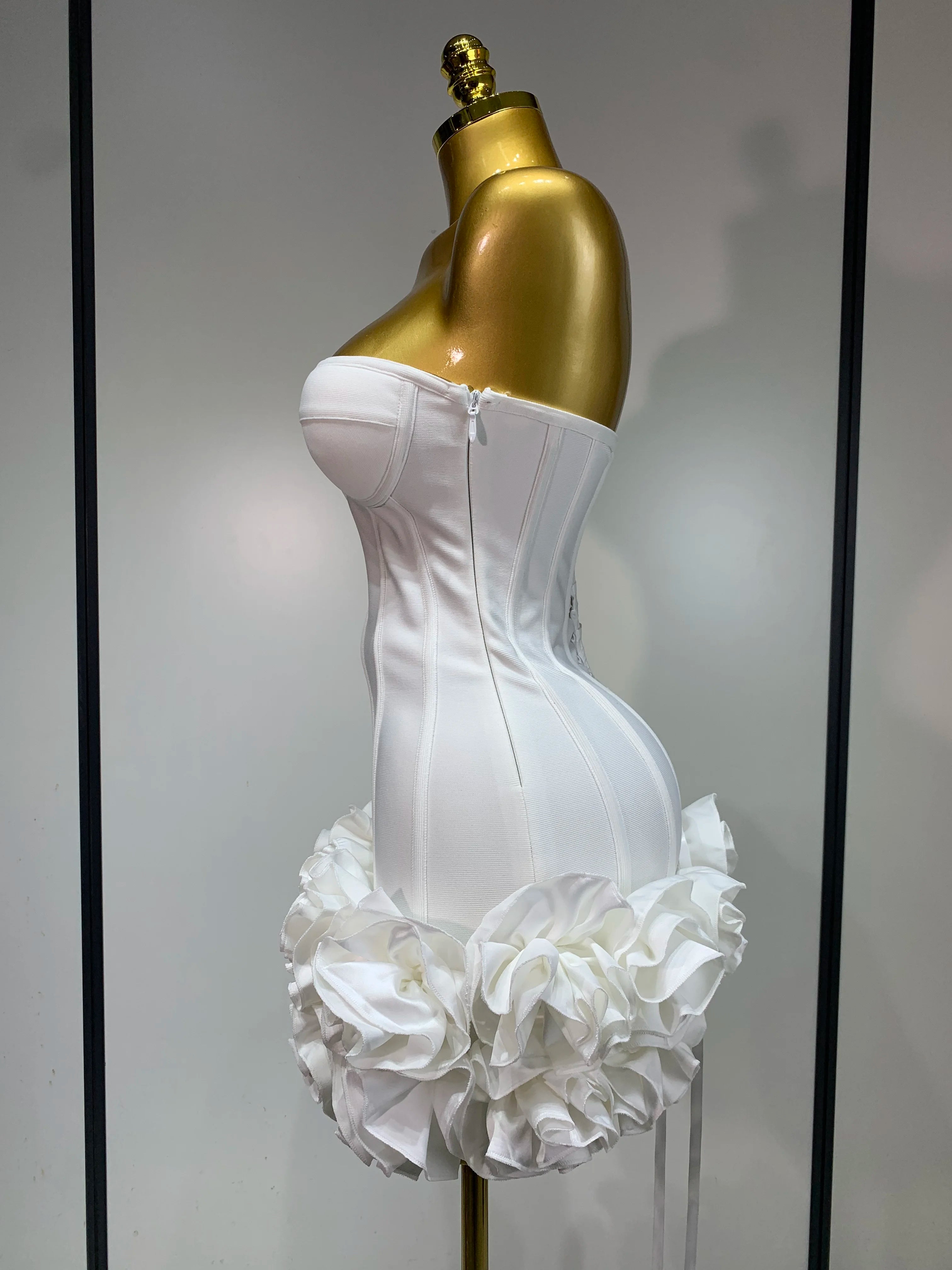 Women Sexy Strapless Flower Prom Gown Mini Dress Celebrity Red Carpet Fashion Evening Party Celebrate Birthday Club Dresses