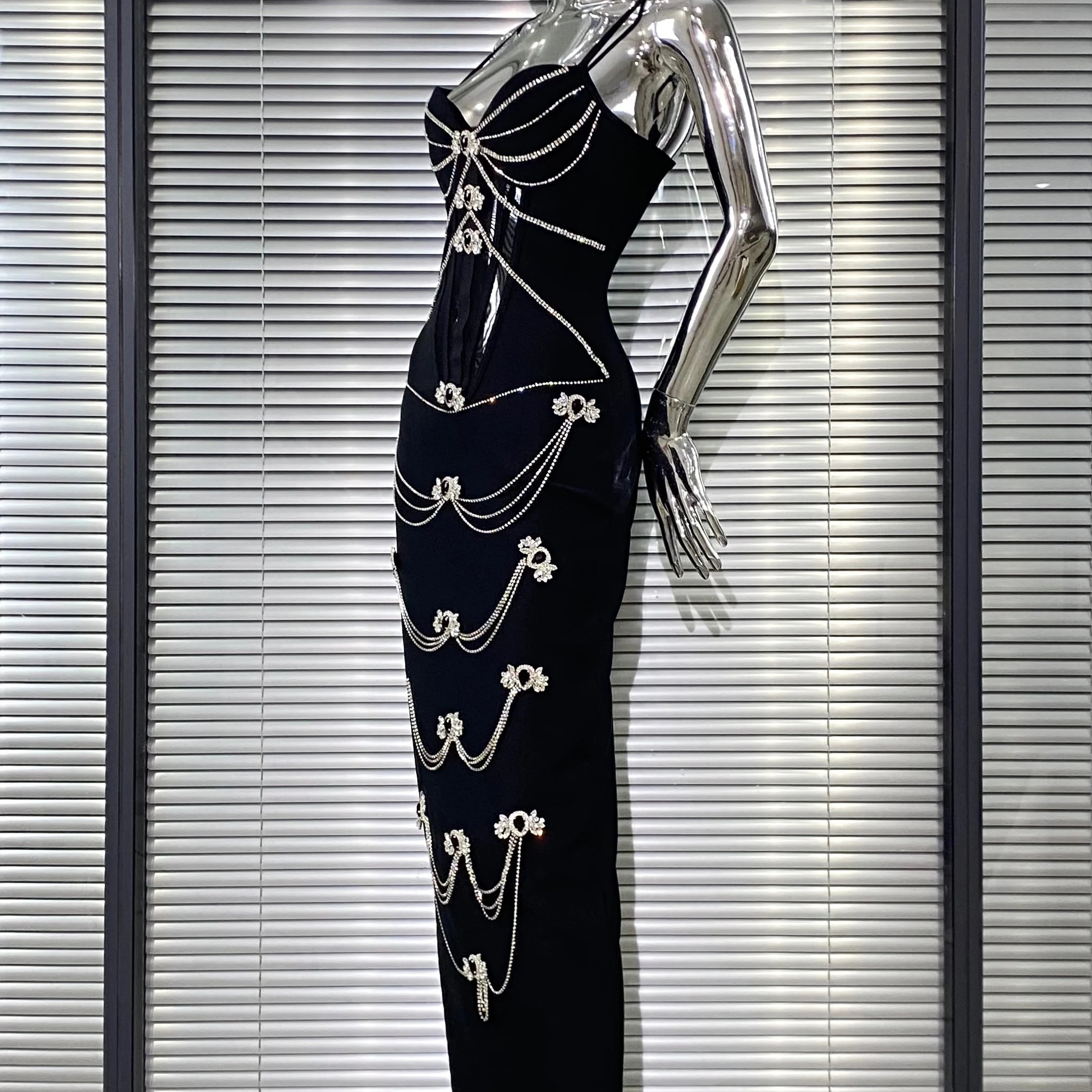 Luxury Woman Haute Couture Evening Dress Sparkling Diamonds Strapless Black Ankle Length Bandage Dress Birthday Party Outfit