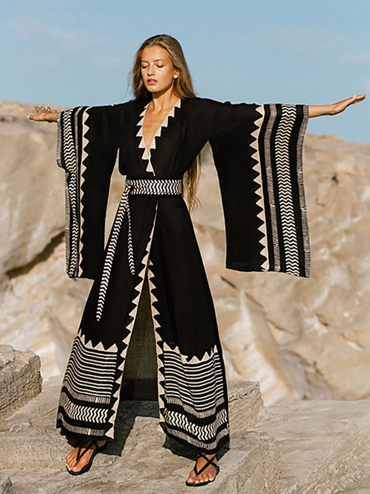 Swimsuit Cover Up Beach Kimono Pareo Fashion Oversized Cuffs Tunic Long Dress Cardigan Summer Swimwear Beachwear