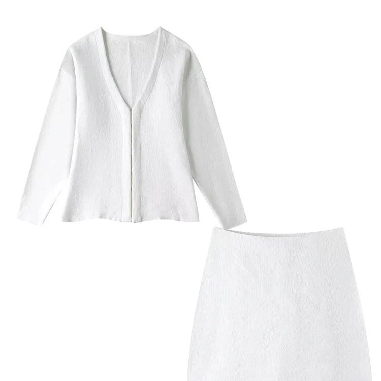 TRAF Spring Women's Suits Solid Grey V-Neck Long Sleeves Cardigan Coat +High Waist Knitted Mini Skirts Female 2 Pieces Sets