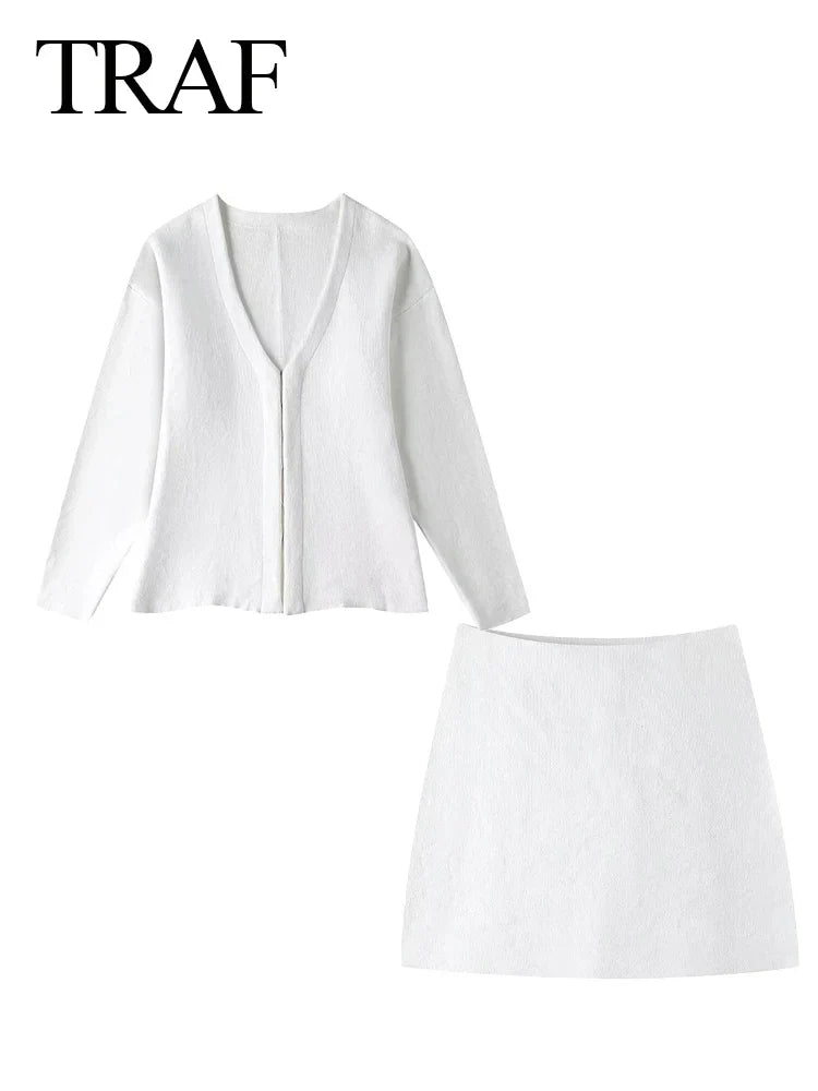TRAF Spring Women's Suits Solid Grey V-Neck Long Sleeves Cardigan Coat +High Waist Knitted Mini Skirts Female 2 Pieces Sets
