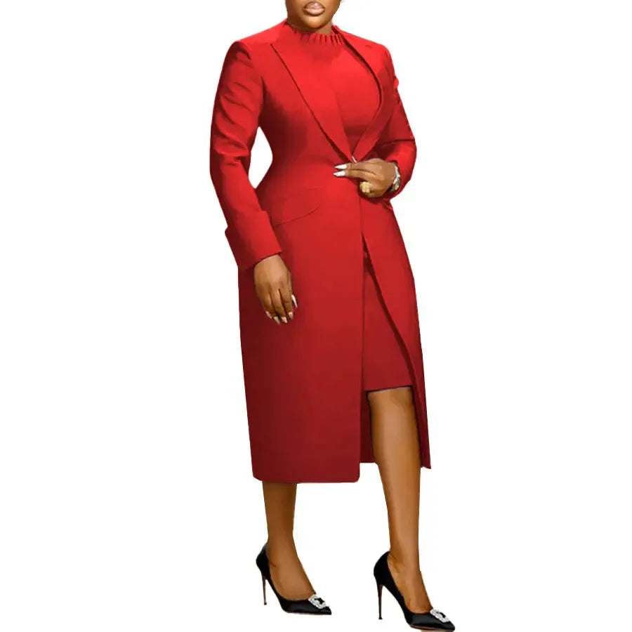 Women's Set Full Sleeve Long Blazer Coat+ Long Dress Suit 2025 Winter Streetwear Two 2 Piece Set Africa OL Work Outfits Red