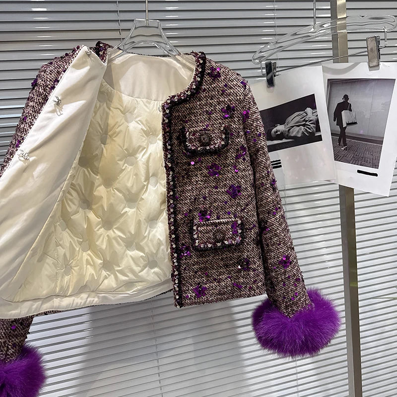 Winter New Fashion High-End Fox Fur Cuff Sequin Tweed Cotton Lined Short Coat For Women Elegant Jacket Female 11A07859