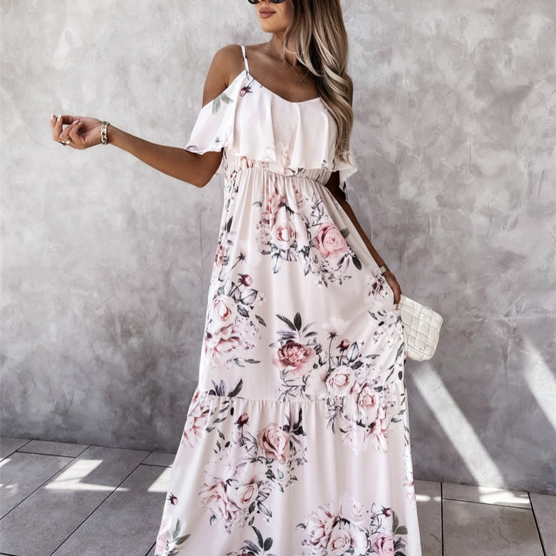 Women Boho Floral Cold Shoulder Elegant fashion Maxi Dress Ladies Summer Ankle-Length
