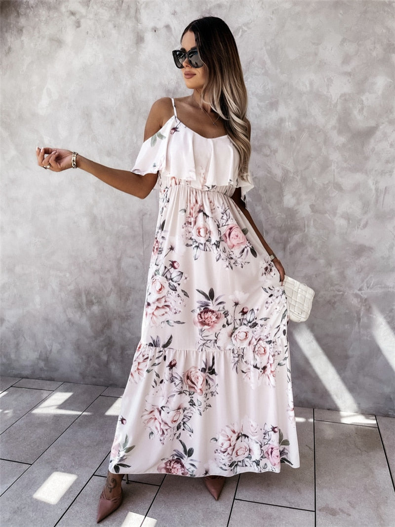 Women Boho Floral Cold Shoulder Elegant fashion Maxi Dress Ladies Summer Ankle-Length