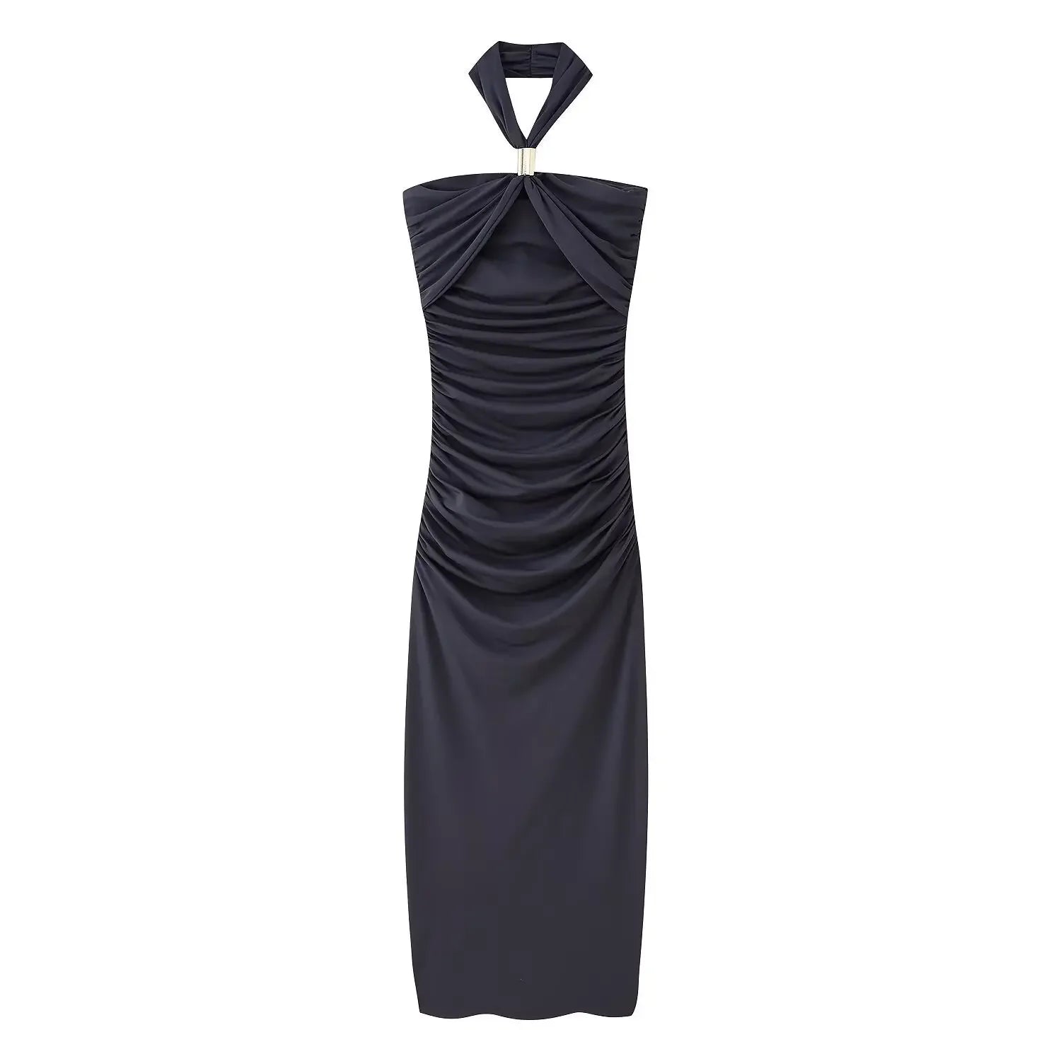 Elegant Sleeveless Backless Solid Color Midi Vestidos Woman Fashion Metal Ring Pleat Long Dresses New Summer Slim Fit Lady Robes Figure color