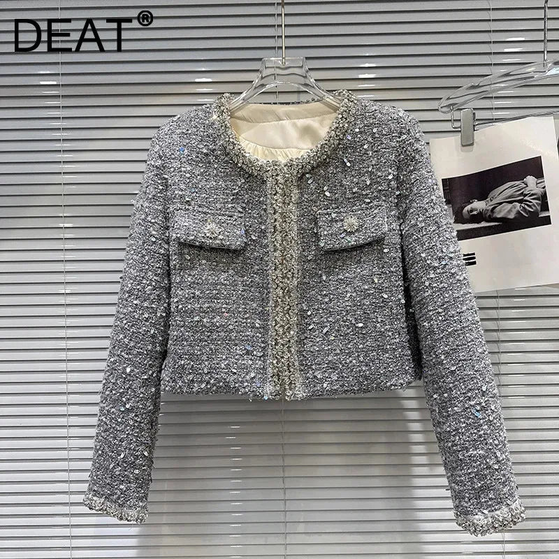 Winter New Fashion Rhinestone Beaded Sequin Tweed Cotton Jacket For Women Elegant Covered Button Short Coat 11A07561