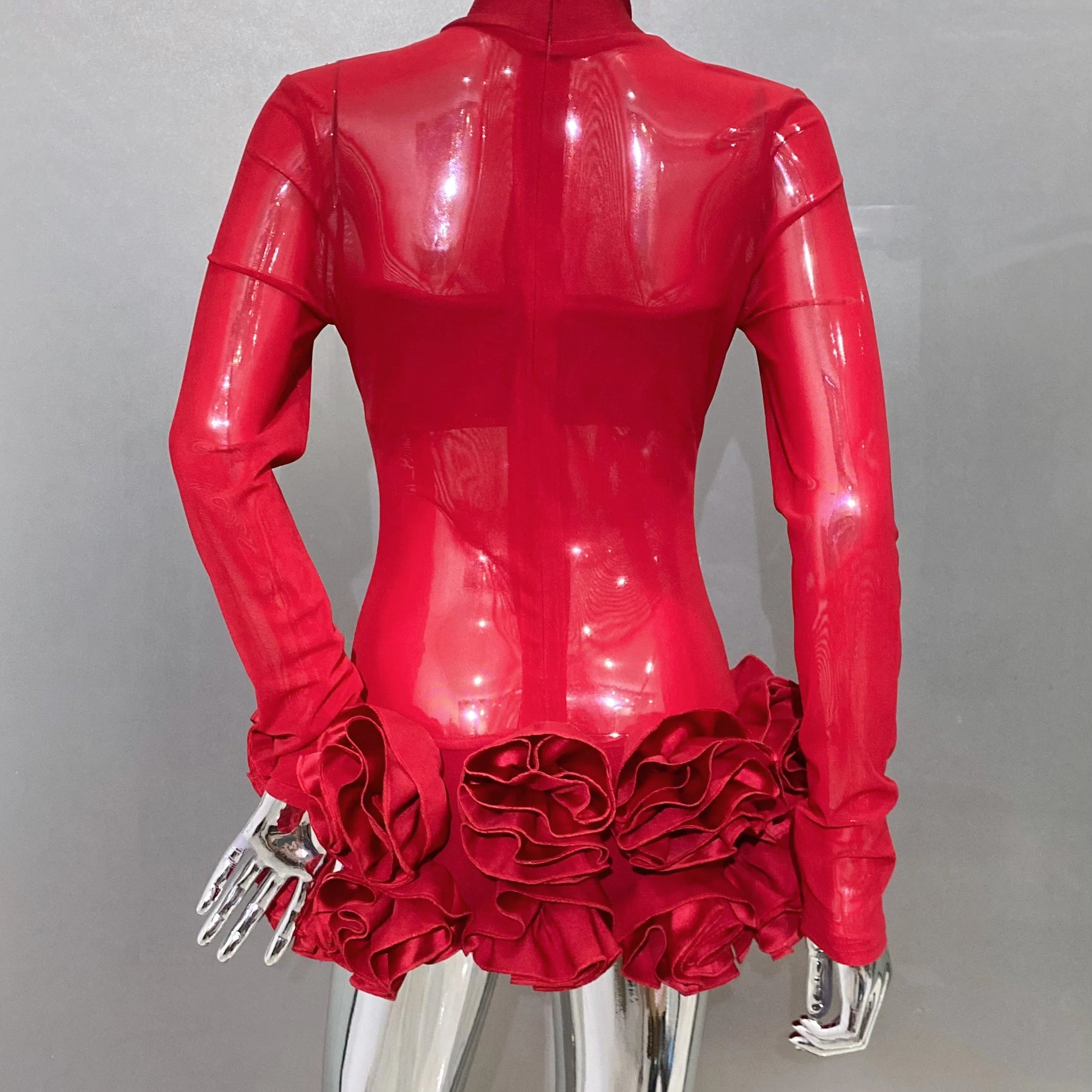 2024 New Sexy Mesh See through Stereoscopic Flowers Red Mini Evening Dress Sweet Woman Birthday Party Dress Performance costume