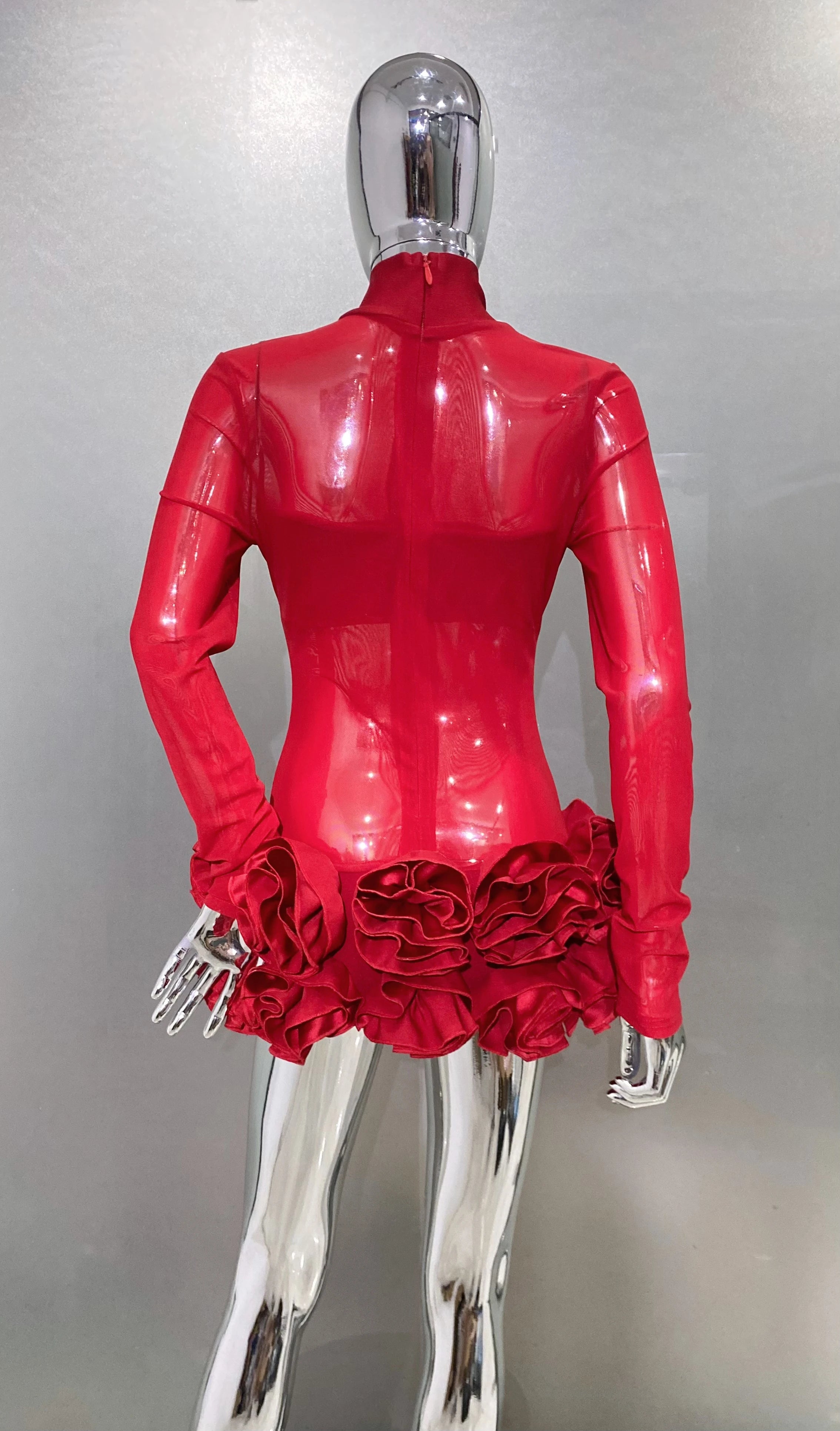 2024 New Sexy Mesh See through Stereoscopic Flowers Red Mini Evening Dress Sweet Woman Birthday Party Dress Performance costume