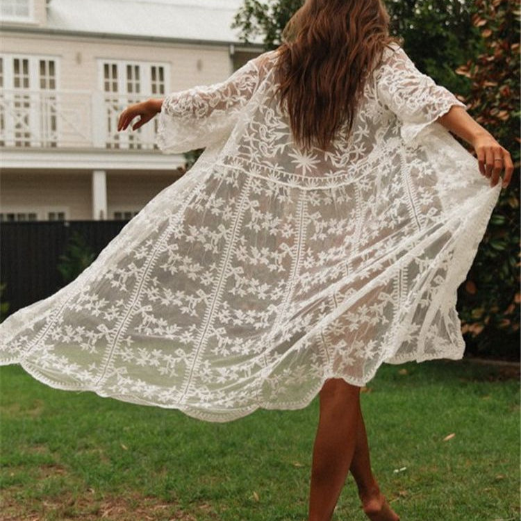 White Knitted Beach Cover up dress Tunic Long Pareos Bikinis Cover ups Swim Cover up Robe Plage Beachwear LXF3053W1