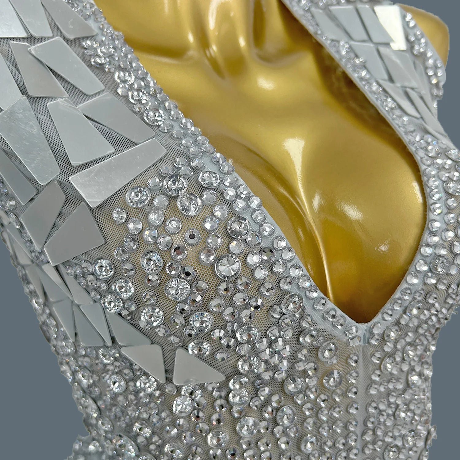 Women's Sparkly Rhinestone Mirrors Dress Sexy Sheer Mesh Dress Birthday Prom Club Dress up Showgirl Wear Haute Couture Yinsui