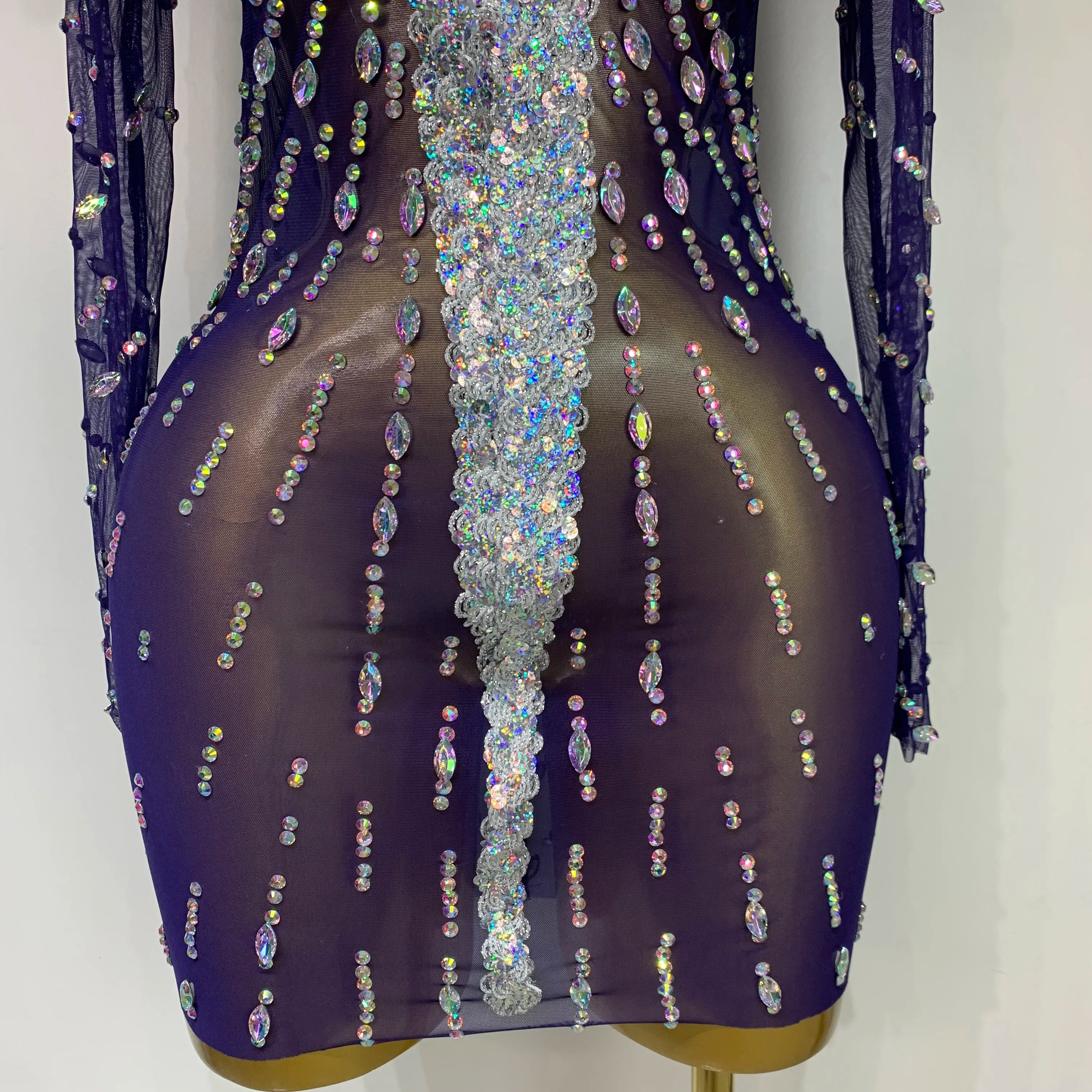 Sparkly Diamonds Mesh See Through Long Sleeves Mini Dress Women Eveing Birthday Party Sexy Nightclub Bar Singer Stage Costume