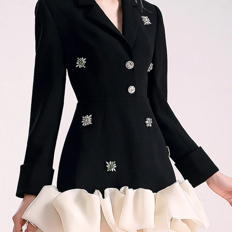 Colorblock Patchwork Diamonds Elegant Dresses For Women V Neck Long Sleeve High Waist Spliced Organza Dress Female