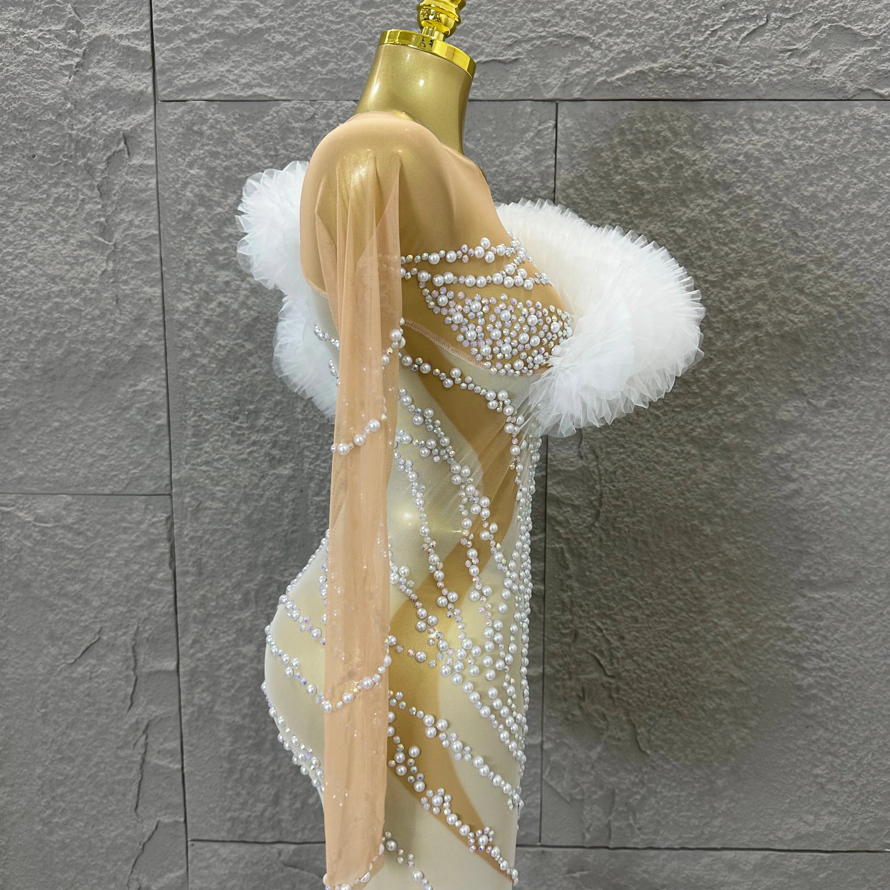 Luxurious Nude Sheer Mesh Mini Dress Women One-Shoulder Pearl Beaded Ruffle Tulle Bodycon Evening Costume