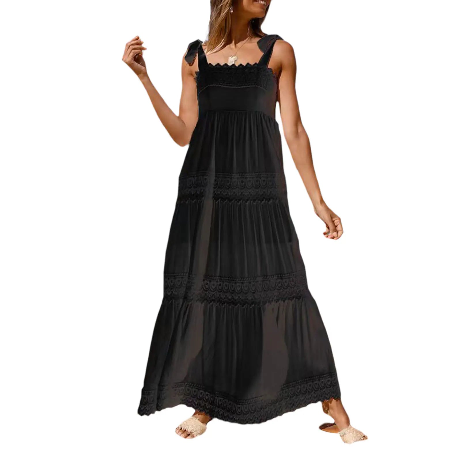 Summer Solid Tunic Women Maxi Dress V Neck Female Elegant Ruffles Party Long Dresses Beach Spaghetti Strap Casual Sundress 6 L