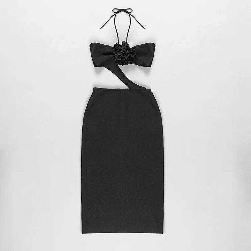 Black Color Women Sexy Halter Bodycon Midi Dress Rayon Bandage Fashion Runway Sexy Nightclub Party Dress High Quality