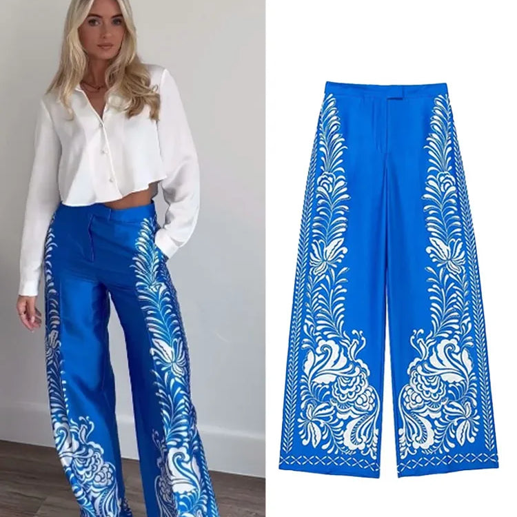 TRAFZA Women Suits Print Turn-Down Collar Long Sleeves Single Breasted Casual Shirts+High Waist Pockets Zipper Wide Leg Pants