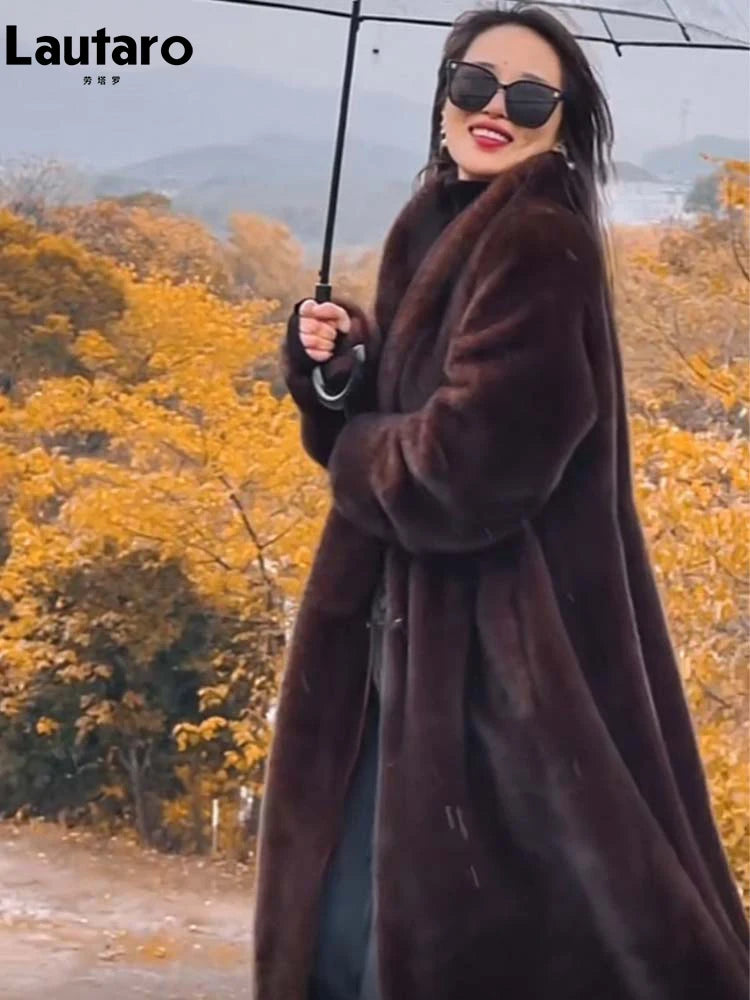 Lautaro Winter Long Oversized Warm Thick Fluffy Brown Soft Skirted Faux Mink Fur Coat Women Elegant Luxury Chic Furry Overcoat