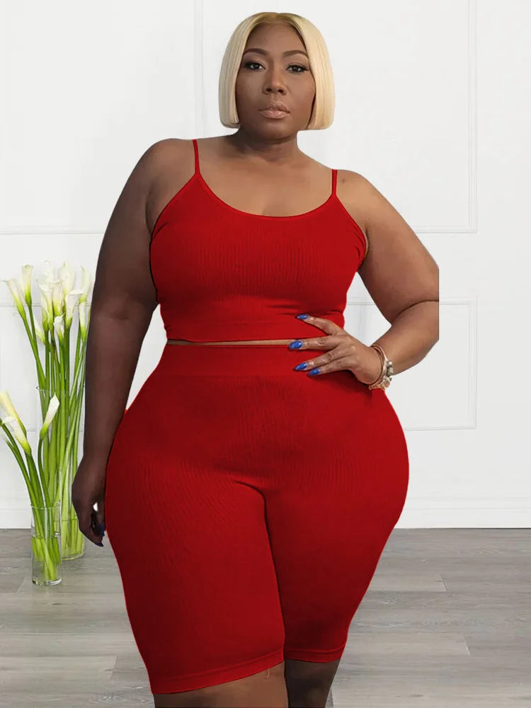 Wmstar Plus Size Shorts Sets Vest Crop Top and Pants Matching Set Casual Cycle Bike Outfits Two Piece Set Wholesale Dropshipping Red
