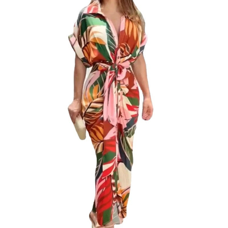 Women Sexy Bandage Shirt Dress Vintage Printed V Neck Ruched Long Dress Female Elegant Button Short Sleeve Beach Maxi Dress Robe EA05132-Red flower