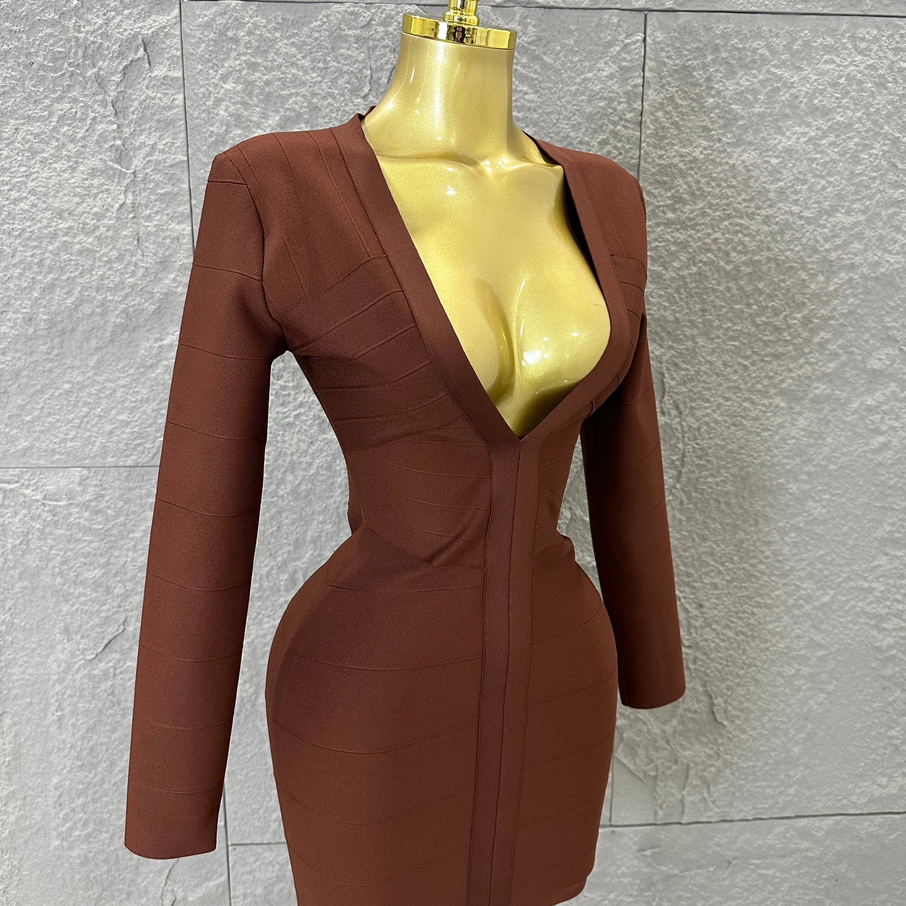 Women Elegant Brown Long Sleeve Mini Dress Women Sexy Deep V Neck Bandage Nightclub Evening Party Cocktail Party Dress
