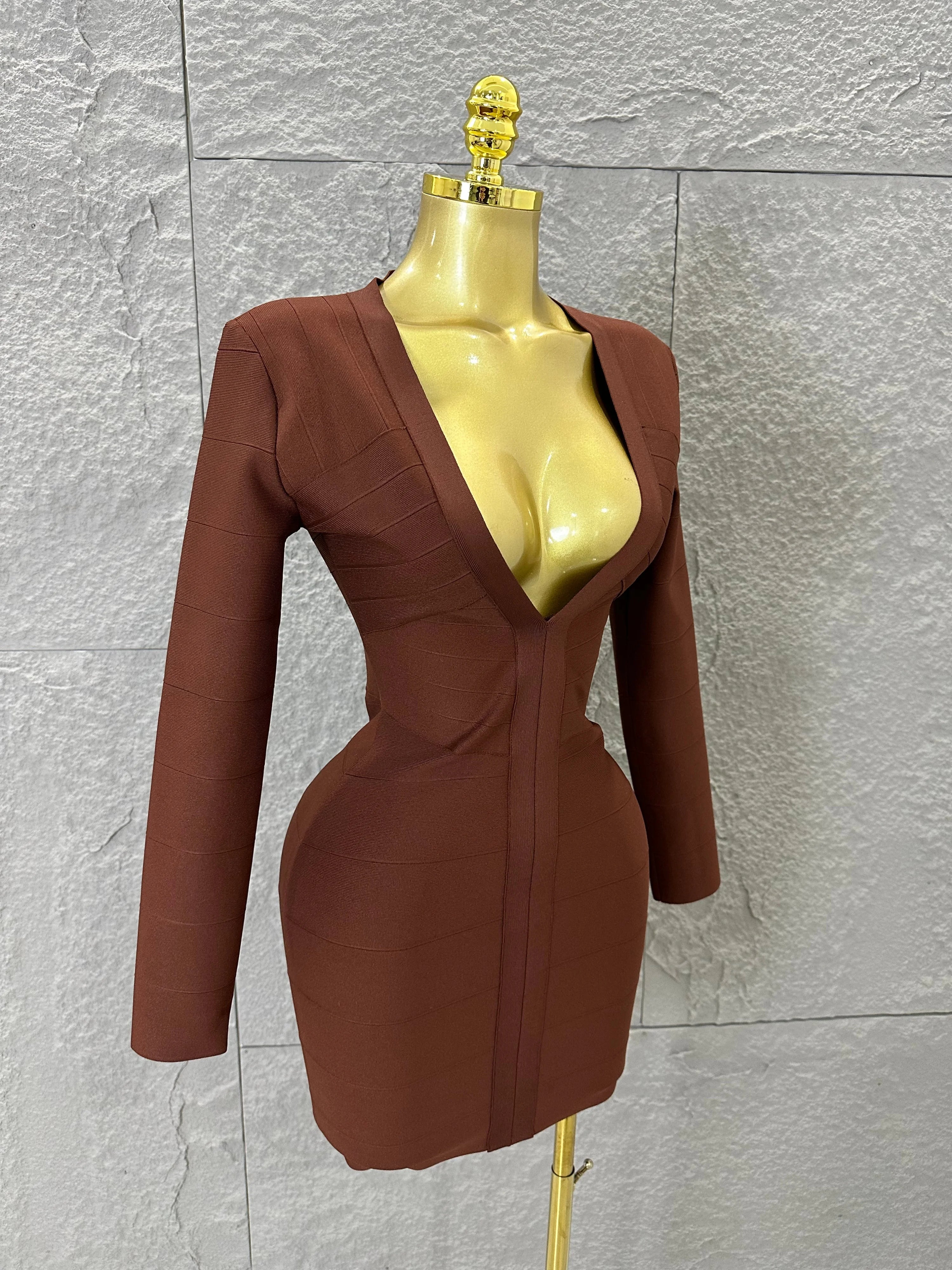Women Elegant Brown Long Sleeve Mini Dress Women Sexy Deep V Neck Bandage Nightclub Evening Party Cocktail Party Dress