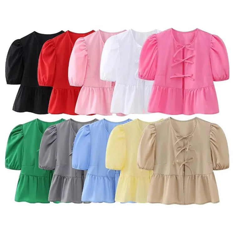 Leopard Print Lace Up Bow Top Women Hollow Out Puff Short Sleeve O-neck Shirt Female Summer Lady Fashion Commuter Tops