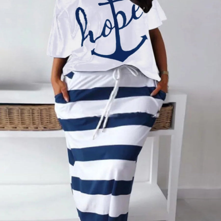 LW Plus Size matching sets Two Piece dress sets Letter Print Striped Skirt Set Fashion Casual Summer Tops+Bottoms Matching Outfi black