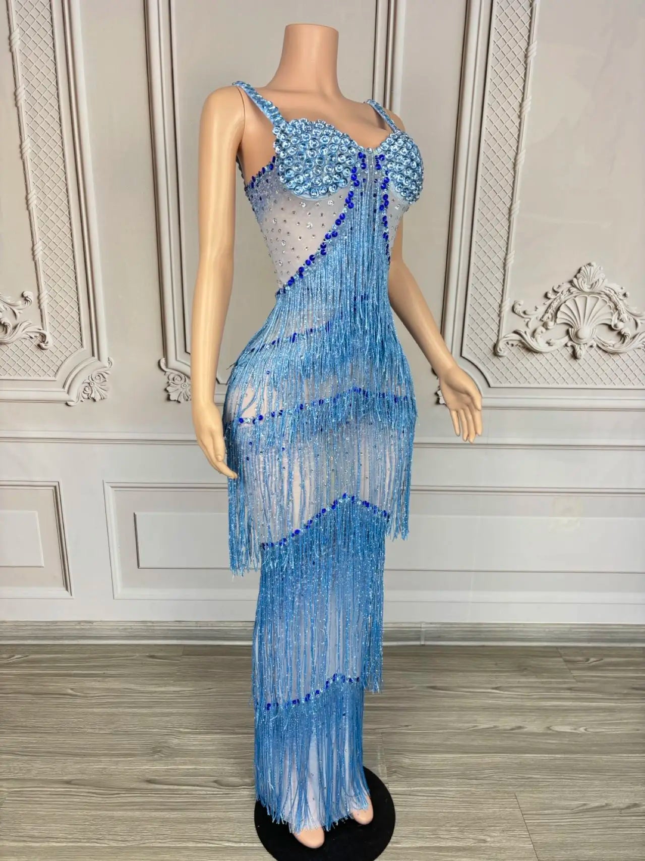 Sparkly Rhinestones Tassel Slip Long Dress Sexy Women Celebrate Prom Sheer Mesh Evening Dress Birthday Photo Shoot Wear lantian