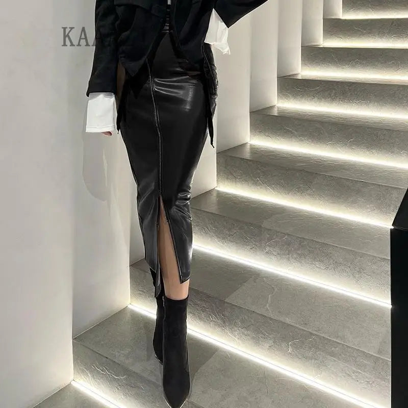 Slim Pu Leather Women Zipper Long Skirt Fashion Office Lady Elegant High Waist Sexy Package Hip Skirt Chic Trend