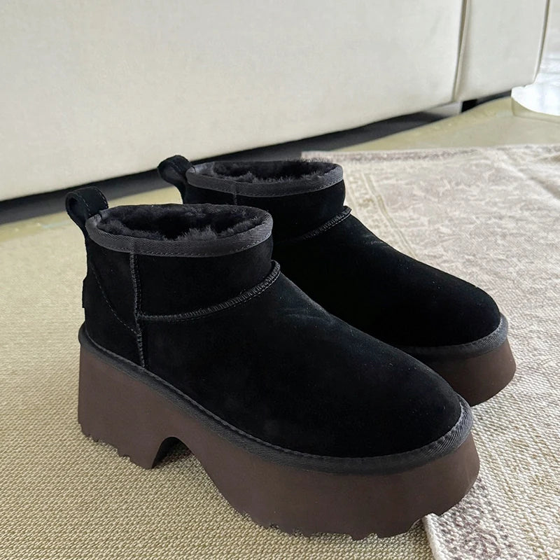 winter Snow boots Women's thick heels ankle ladies platform slippe shoes Leather Wool Chestnut color1