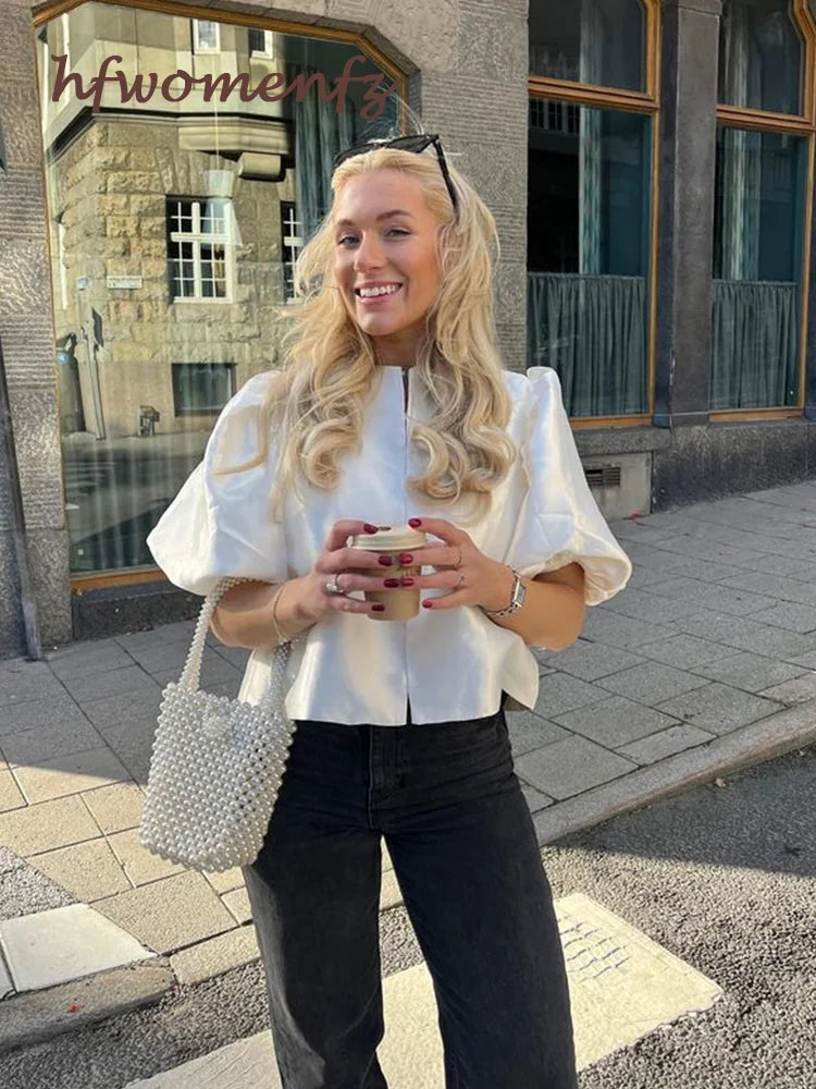 Elegant Satin Ruffle Shirt for Women Lantern Short Sleeve Loose O-neck Female Top Spring Summer Fashion Lady Streetwear