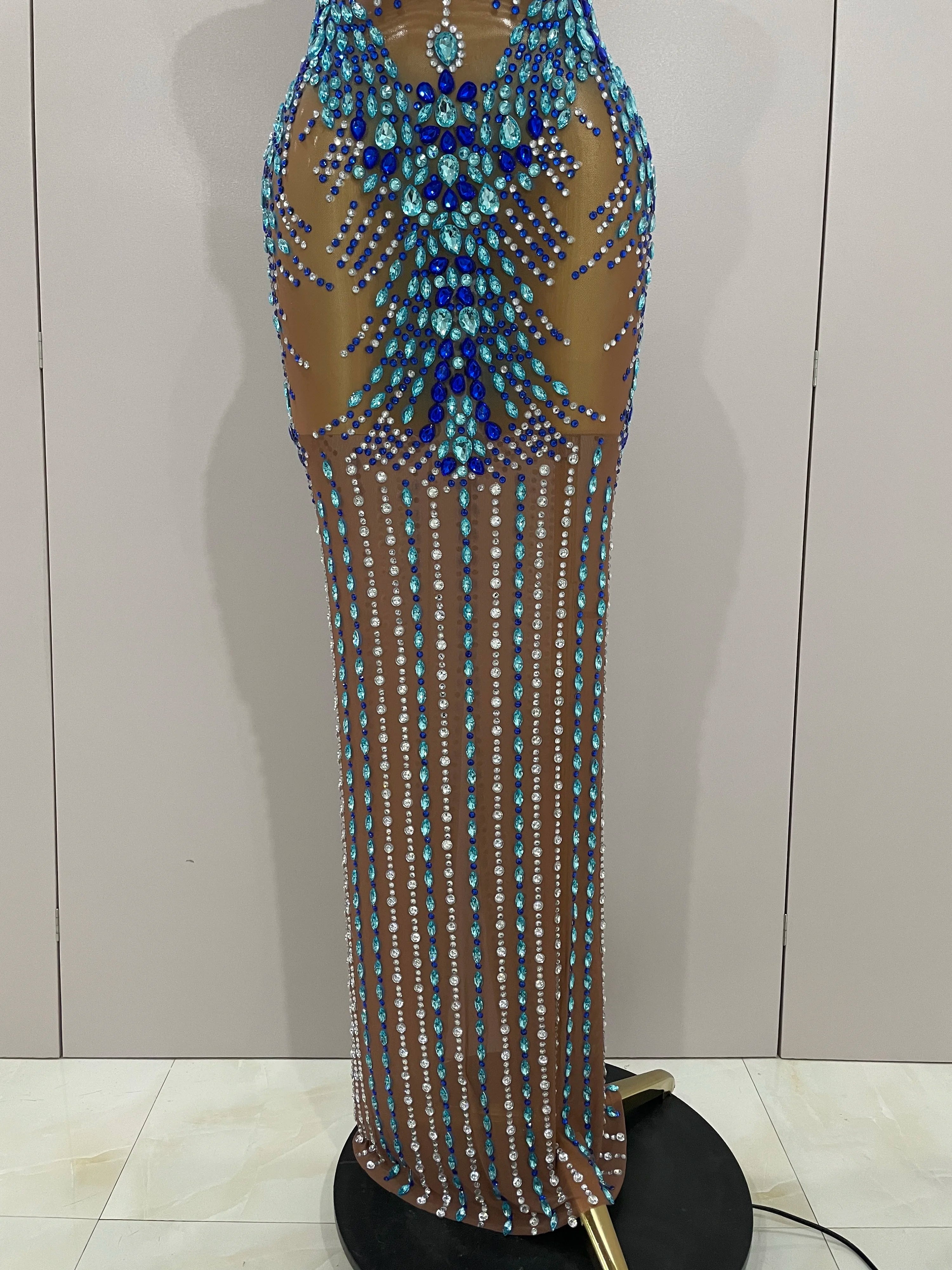 Luxury Sparkly Rhinestones Nude Sexy Mesh Maxi Dress 2025Women Evening Birthday Party Elegant Gown Show Red carpet Stage Costume