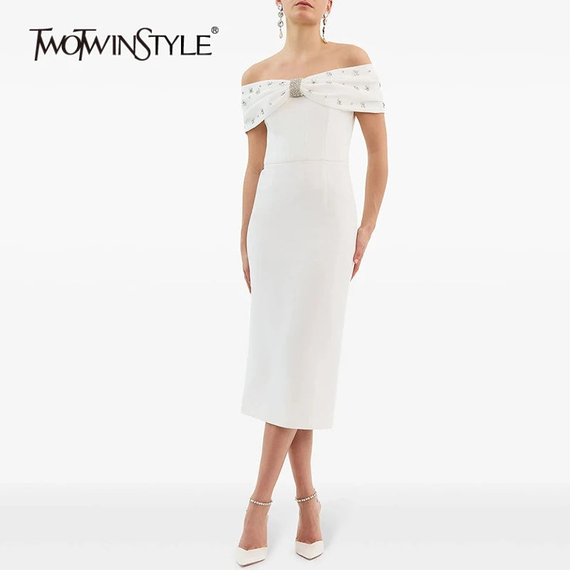 Solid Slimming Spliced Bead Elegant Dresses for Women Slash Neck Short Sleeves Temperament Dress Female Fashion New