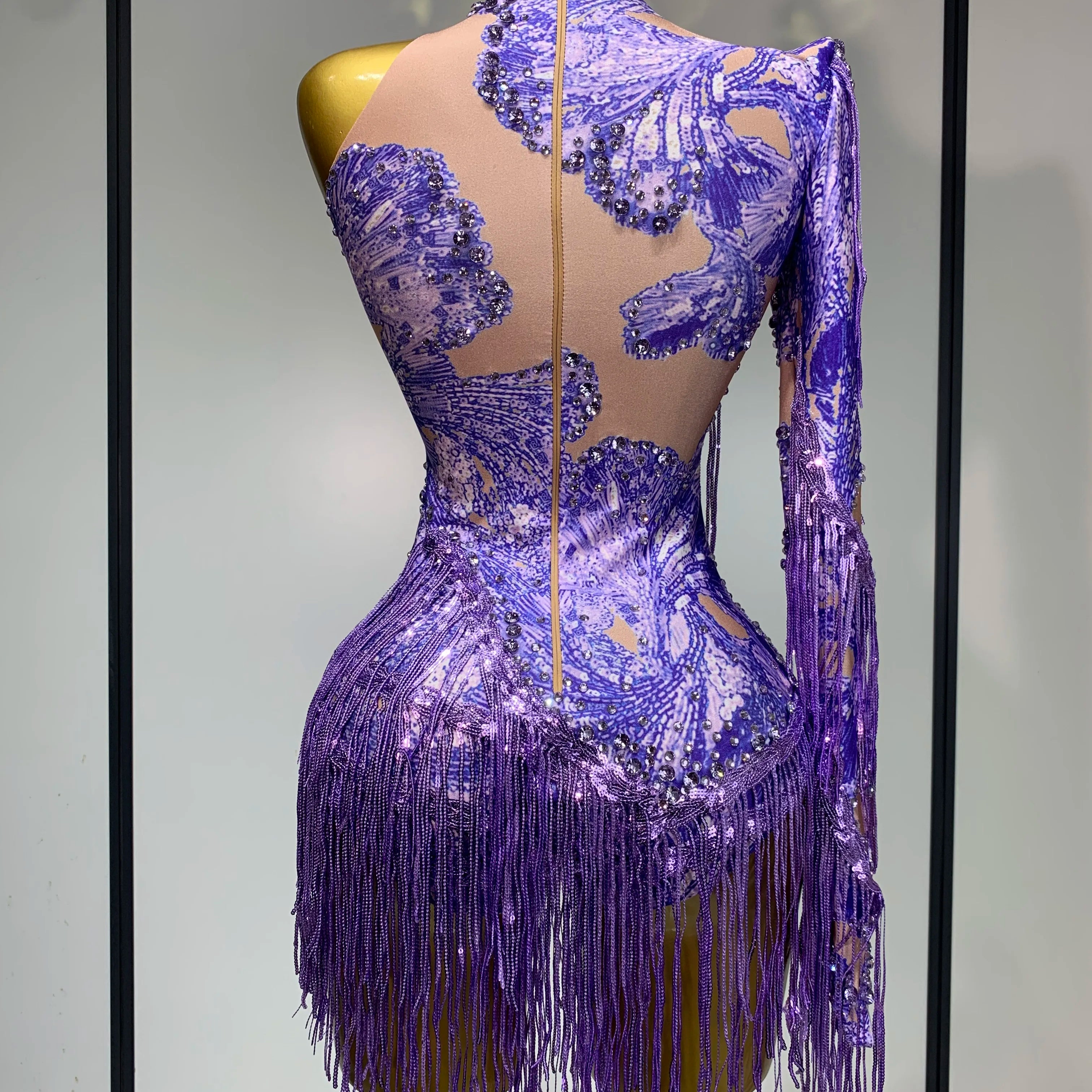 Sexy Sparkly Purple Rhinestones Tassel One Shoulder Sleeve Mini Dress Evening Party Birthday Nightclub Stage Performance Outfit