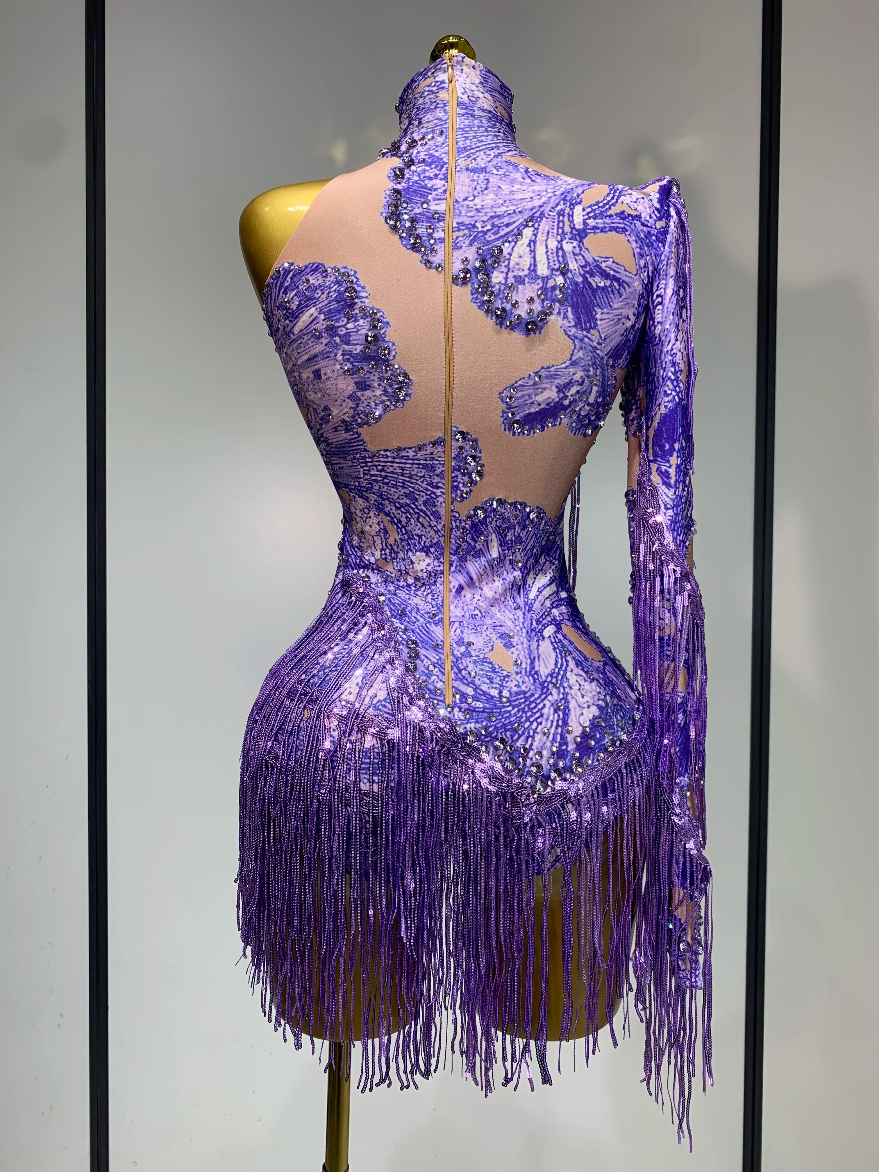Sexy Sparkly Purple Rhinestones Tassel One Shoulder Sleeve Mini Dress Evening Party Birthday Nightclub Stage Performance Outfit
