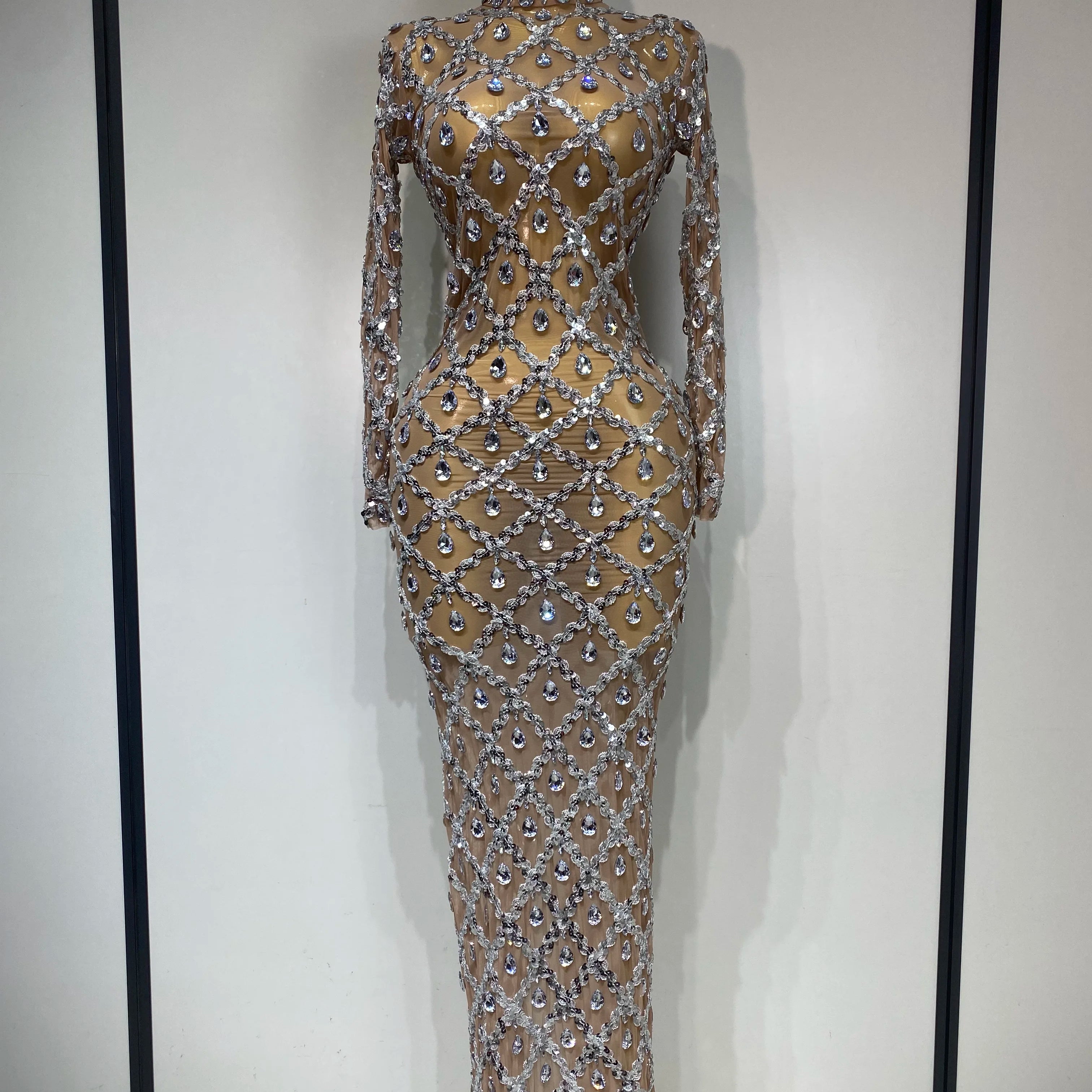Women Sexy Luxury Birthday Dress Stage Shining Rhinestone Sequin Long Dress Evening Prom Gown Transparent Singer Club Host Dress Silver