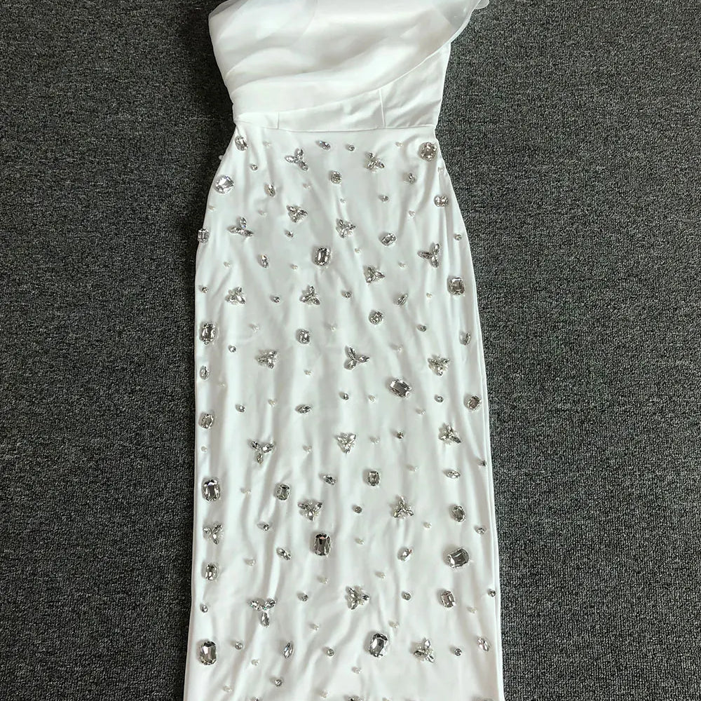 2025 Sexy Women Light Luxury Nail Bead Dress with Slant Neck and Sleeveless Bodycon Flute Patchwork Dress Evening Party Vestidos