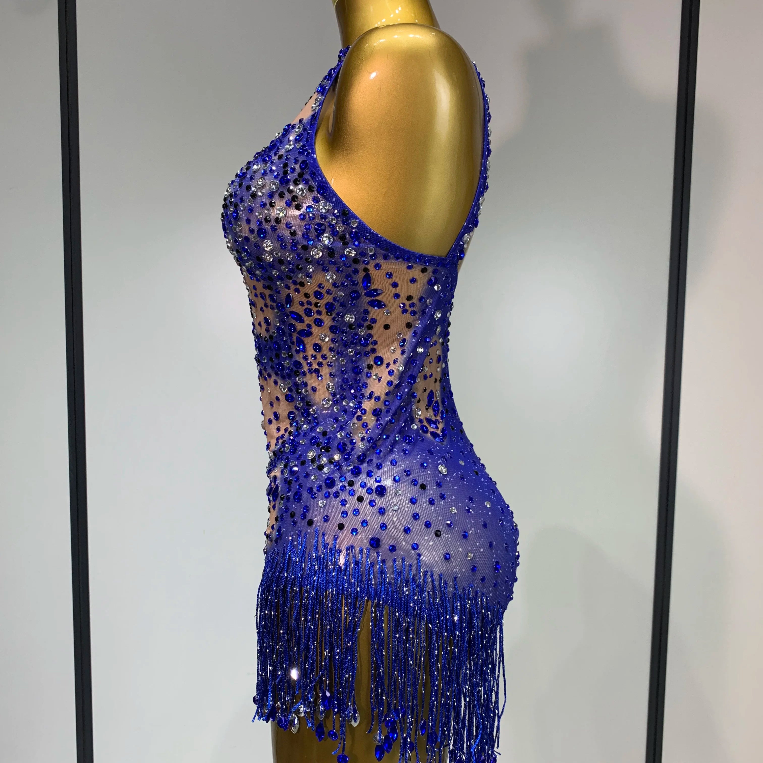 Women Sexy Backless blue Rhinestone Tassel Bodysuit Evening Party Club Singer Stage Performance Costume Luxury Birthday Dress