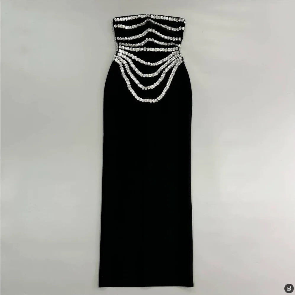 2025 New Spring Women Sexy Strapless Big Crystal Bodycon Long Bandage Dress Celebrate Evening Party Fashion Cocktail Dress