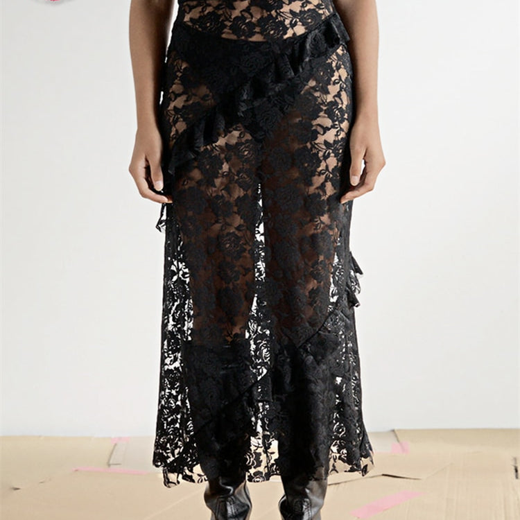 Tossy Lace Ruffled See-Through Maxi Skirt Women Slim Patchwork Party Holiday Women's Long Skirt Outfits Female Summer Maxi Skirt