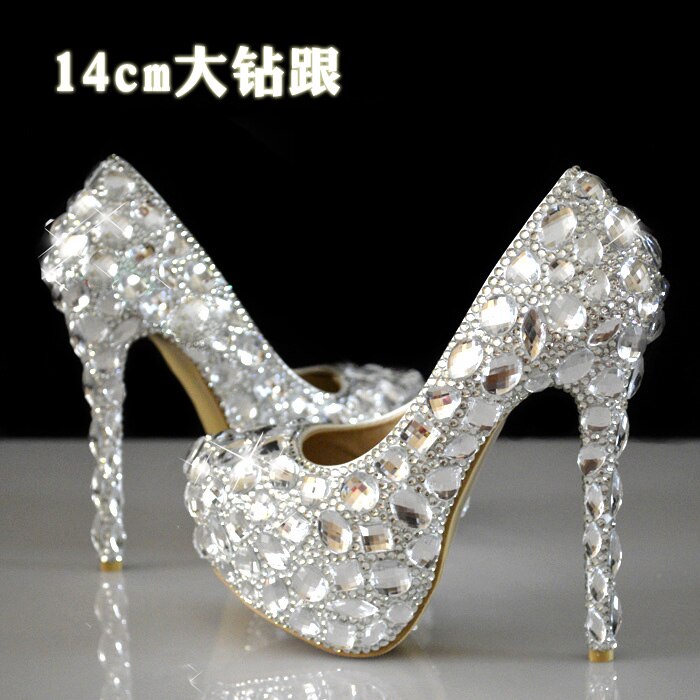 Women Rhinestones Pumps Shoes Super Flash Crystal Chaton Wedding Shoes White Bride Shoes Show Diamond High-heeled Shoes 14CM 1