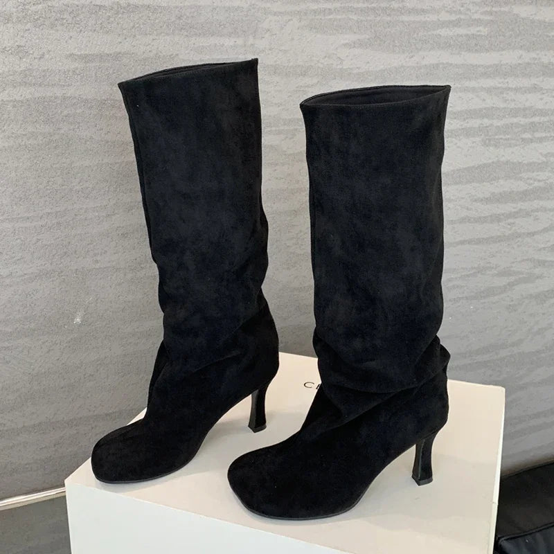 Eilyken Winter Street Style Round Toe Knee-High Women Boots Punk Thin High Heels Shoes Female Long Booties Zapatos De Mujer Black