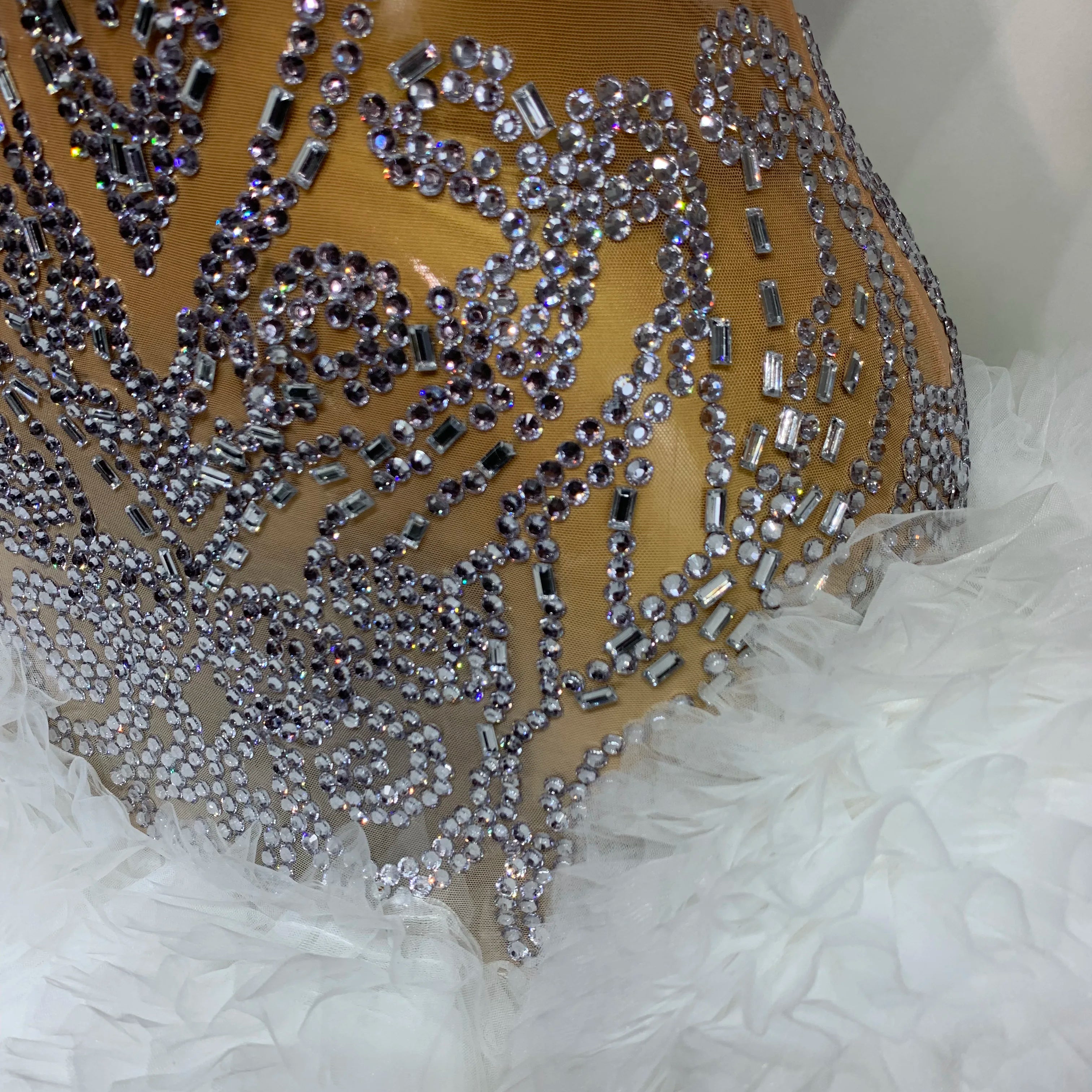 Luxury Women Sexy Sparkly Rhinestone Sleeveless Mesh See Through Bodycon Mini Birthday Dress Evening Party Performance Costume