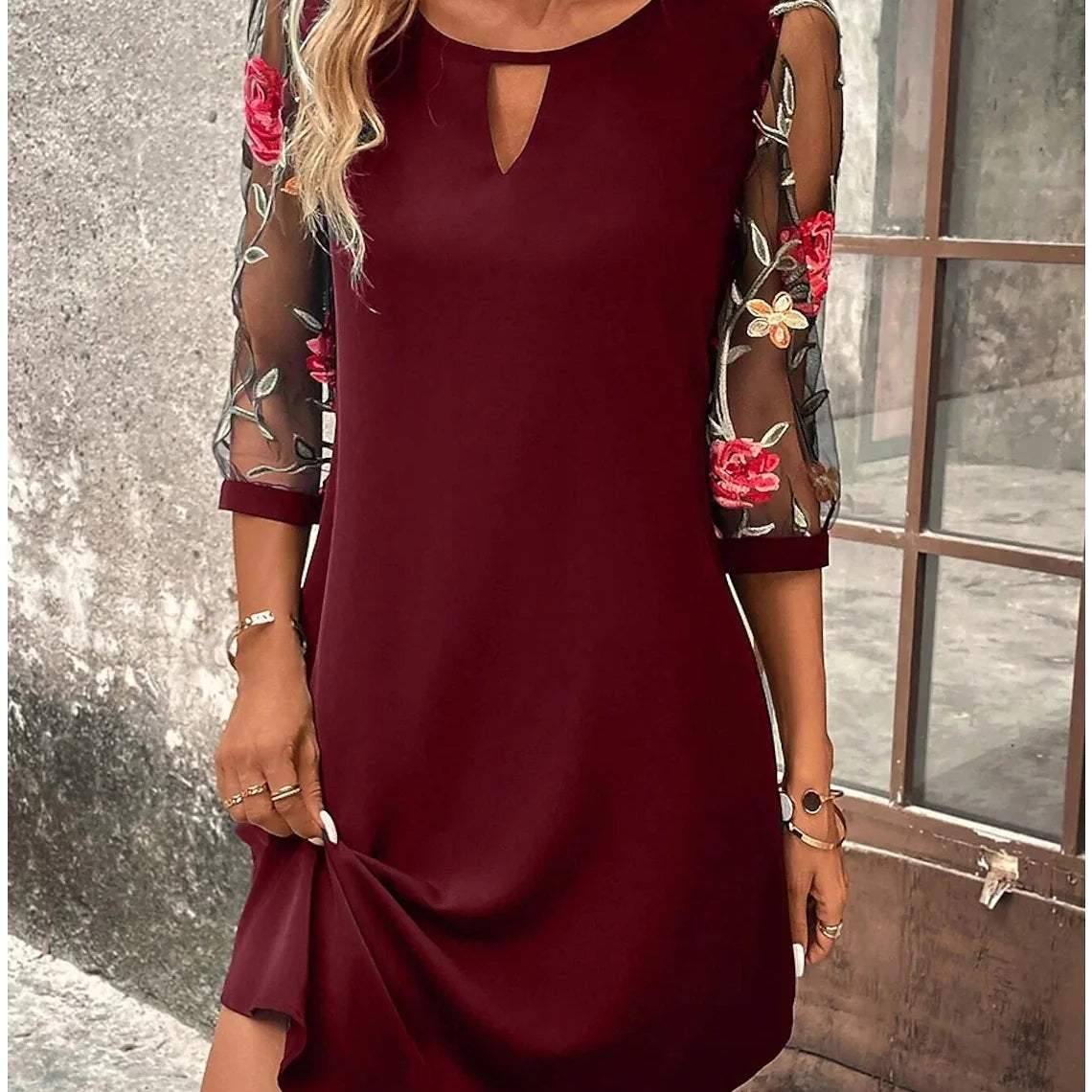 Luxury Dress Women's Perspective Mid Sleeve Printed Round Neck Mini Skirt Summer Party Dress winered