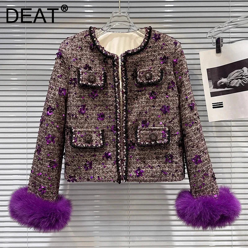 Winter New Fashion High-End Fox Fur Cuff Sequin Tweed Cotton Lined Short Coat For Women Elegant Jacket Female 11A07859